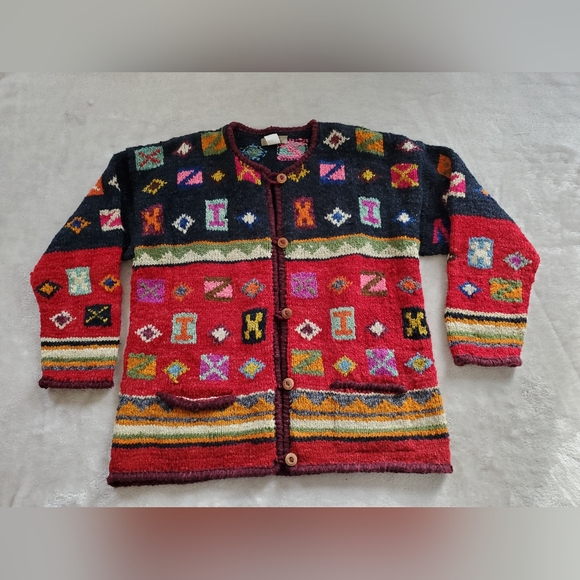 Vtg Wool Cardigan Sweater Womens Medium Aztec 90s Colorful - Picture 1 of 13
